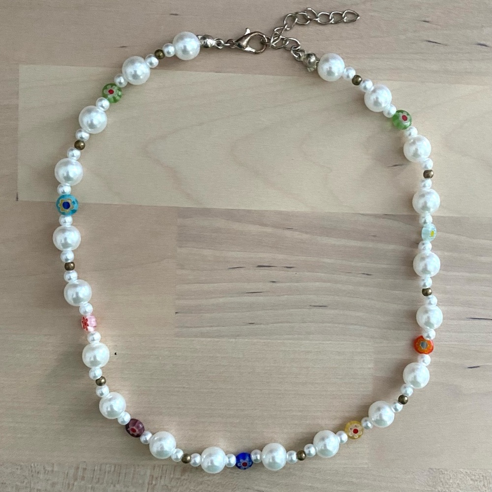 Handmade pearl & mexican flower beaded necklace